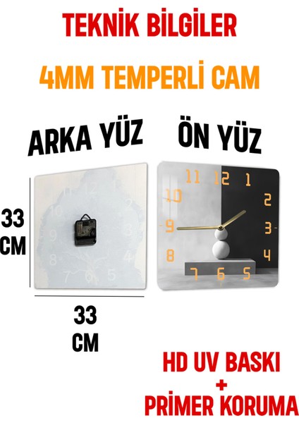 Siyah Beyaz Minimal Heykel Temalı Temperli Cam Kare Saat 33X33 cm Ebadında Uv Baskı - KCS040