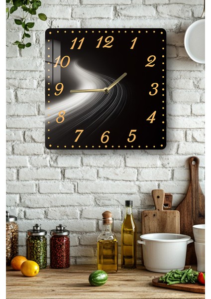 Siyah Gold Işıklı Temperli Cam Kare Saat 33X33 cm Ebadında Uv Baskı - KCS035