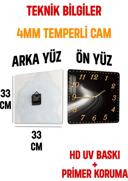 Siyah Gold Işıklı Temperli Cam Kare Saat 33X33 cm Ebadında Uv Baskı - KCS035