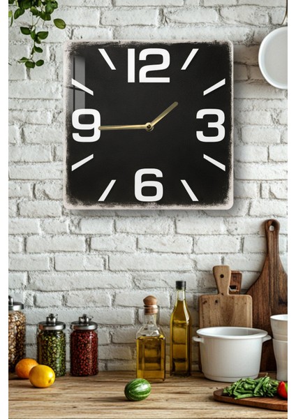 Siyah Minimalist Temperli Cam Kare Saat 33X33 cm Ebadında Uv Baskı - KCS033