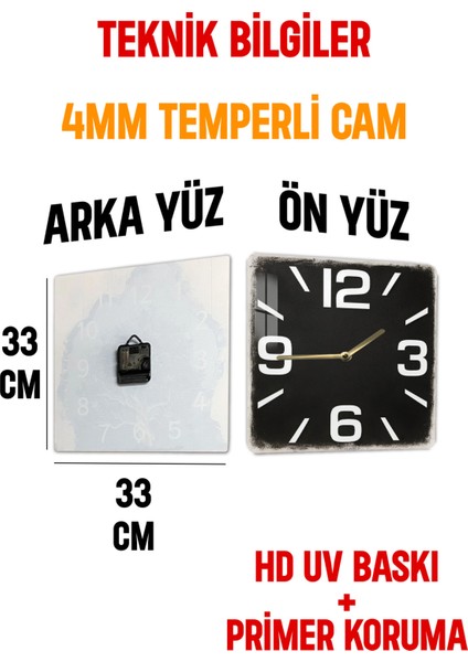Siyah Minimalist Temperli Cam Kare Saat 33X33 cm Ebadında Uv Baskı - KCS033