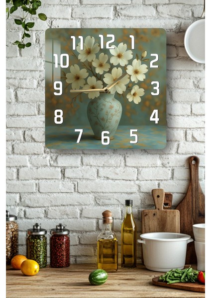 Beyaz Çiçekli Vazo Temalı Temperli Cam Kare Saat 33X33 cm Ebadında Uv Baskı - KCS045