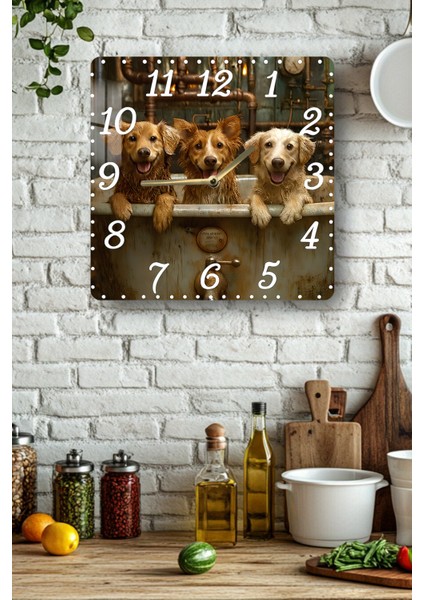 Köpekli Banyo Temalı Temperli Cam Kare Saat 33X33 cm Ebadında Uv Baskı - KCS066