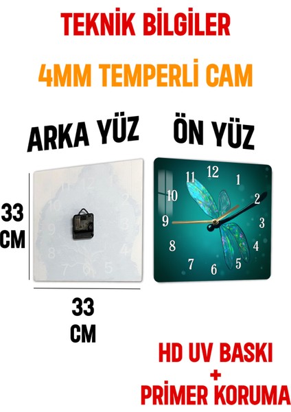 Yusufçuk Desenli Temperli Cam Kare Saat 33X33 cm Ebadında Uv Baskı - KCS036