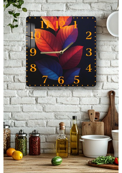 Renkli Yaprak Desenli Temperli Cam Kare Saat 33X33 cm Ebadında Uv Baskı - KCS069