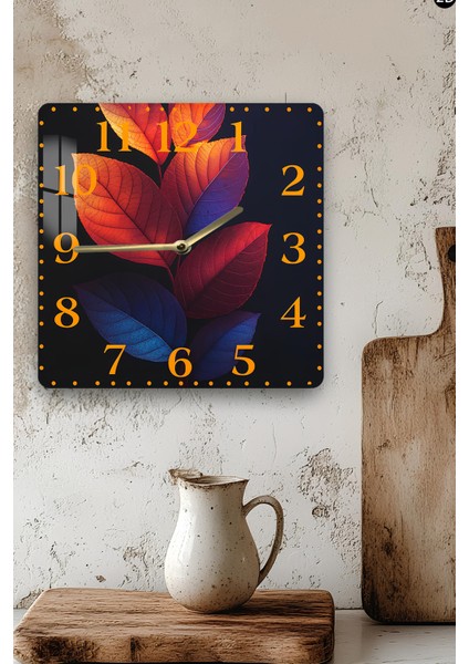 Renkli Yaprak Desenli Temperli Cam Kare Saat 33X33 cm Ebadında Uv Baskı - KCS069 modelleri