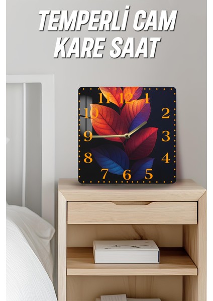 Renkli Yaprak Desenli Temperli Cam Kare Saat 33X33 cm Ebadında Uv Baskı - KCS069 fırsatları