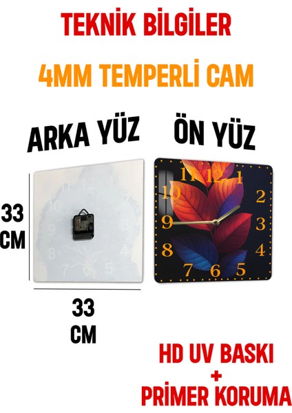 Renkli Yaprak Desenli Temperli Cam Kare Saat 33X33 cm Ebadında Uv Baskı - KCS069