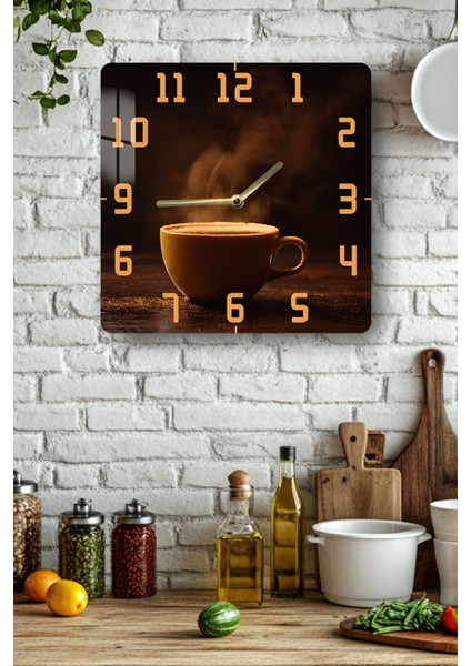 Kahve Fincanı Temalı Temperli Cam Kare Saat 33X33 cm Ebadında Uv Baskı - KCS018