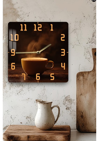 Kahve Fincanı Temalı Temperli Cam Kare Saat 33X33 cm Ebadında Uv Baskı - KCS018 modelleri