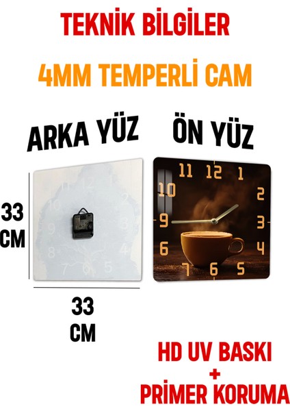 Kahve Fincanı Temalı Temperli Cam Kare Saat 33X33 cm Ebadında Uv Baskı - KCS018