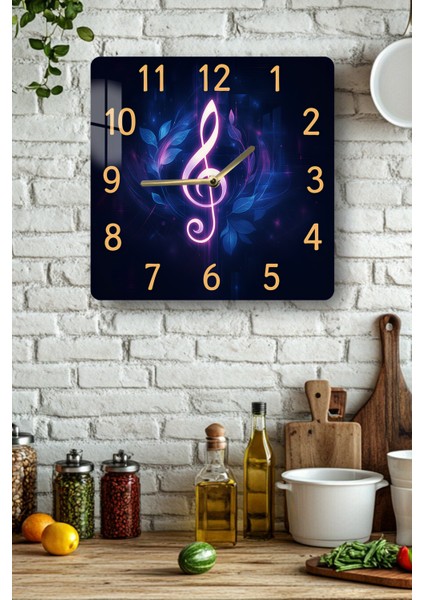 Müzik Notalı Temperli Cam Kare Saat 33X33 cm Ebadında Uv Baskı - KCS002