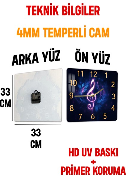 Müzik Notalı Temperli Cam Kare Saat 33X33 cm Ebadında Uv Baskı - KCS002