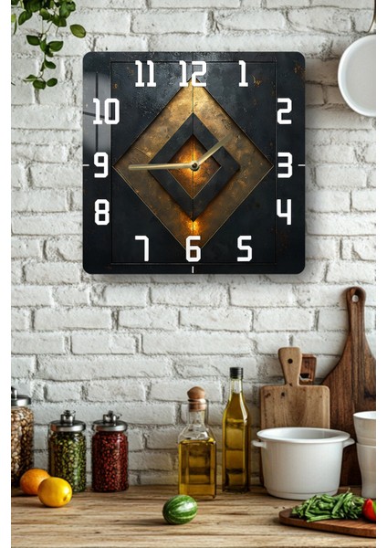 Geometrik Metal Görünümlü Temperli Cam Kare Saat 33X33 cm Ebadında Uv Baskı - KCS024