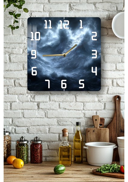 Fırtına Dalgası Temalı Temperli Cam Kare Saat 33X33 cm Ebadında Uv Baskı - KCS054