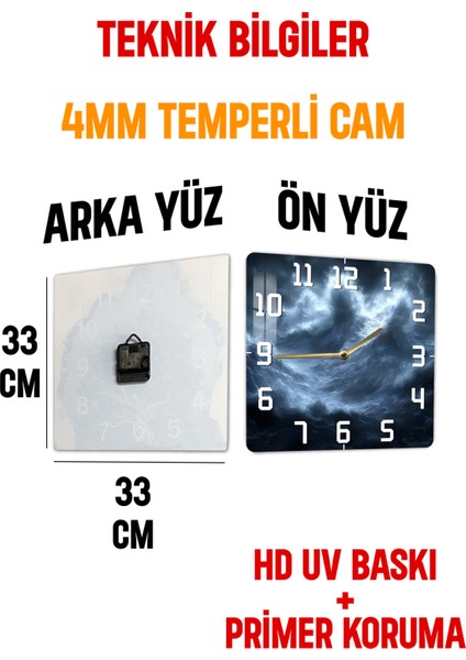 Fırtına Dalgası Temalı Temperli Cam Kare Saat 33X33 cm Ebadında Uv Baskı - KCS054