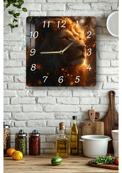 Aslan Temalı Temperli Cam Kare Saat 33X33 cm Ebadında Uv Baskı - KCS051