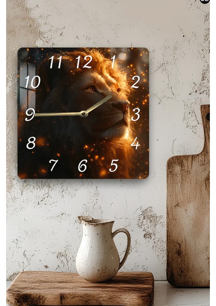 Aslan Temalı Temperli Cam Kare Saat 33X33 cm Ebadında Uv Baskı - KCS051 modelleri