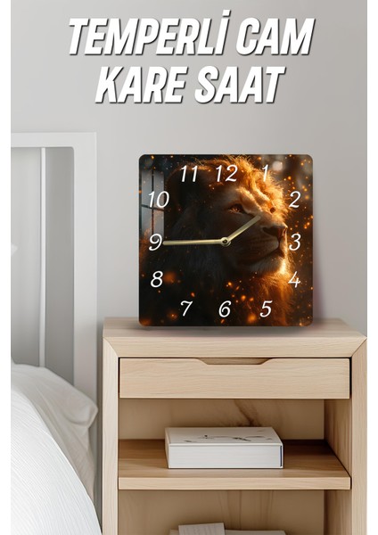 Aslan Temalı Temperli Cam Kare Saat 33X33 cm Ebadında Uv Baskı - KCS051 fırsatları