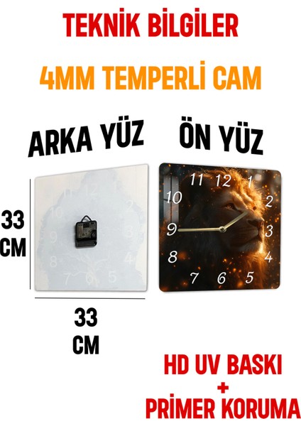 Aslan Temalı Temperli Cam Kare Saat 33X33 cm Ebadında Uv Baskı - KCS051