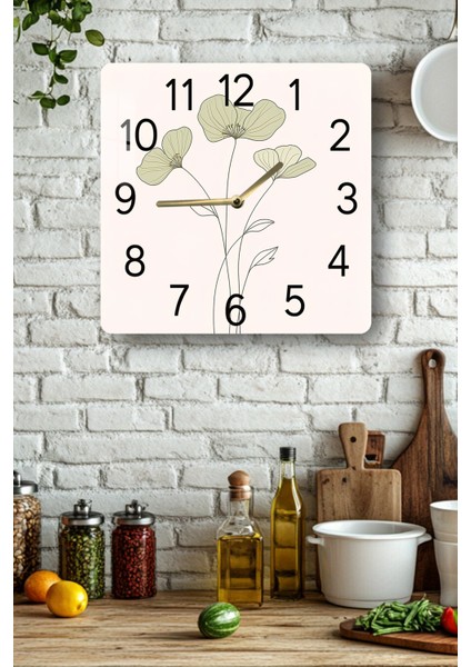 Minimal Çiçek Desenli Temperli Cam Kare Saat 33X33 cm Ebadında Uv Baskı - KCS011
