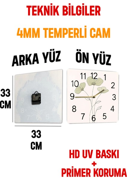 Minimal Çiçek Desenli Temperli Cam Kare Saat 33X33 cm Ebadında Uv Baskı - KCS011