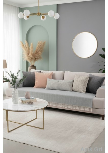 Açık Gri Pamuklu Koltuk Örtüsü 115X200 Önden Saçaklı Çizgili Desenli