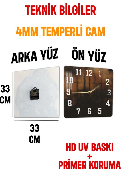 Endüstriyel Bakır Tonlu Temperli Cam Kare Saat 33X33 cm Ebadında Uv Baskı - KCS007