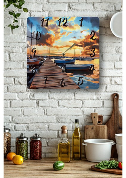 Gün Batımı Iskelesi Temalı Temperli Cam Kare Saat 33X33 cm Ebadında Uv Baskı - KCS003