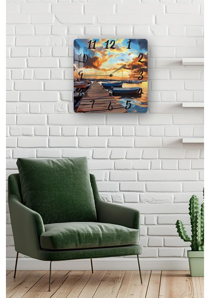 Gün Batımı Iskelesi Temalı Temperli Cam Kare Saat 33X33 cm Ebadında Uv Baskı - KCS003 fiyatları