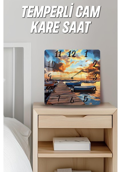 Gün Batımı Iskelesi Temalı Temperli Cam Kare Saat 33X33 cm Ebadında Uv Baskı - KCS003 fırsatları