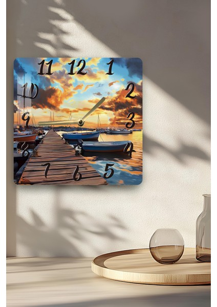 Gün Batımı Iskelesi Temalı Temperli Cam Kare Saat 33X33 cm Ebadında Uv Baskı - KCS003 indirimleri