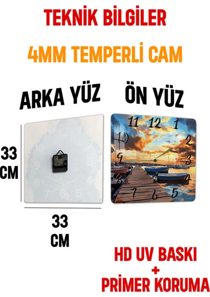 Gün Batımı Iskelesi Temalı Temperli Cam Kare Saat 33X33 cm Ebadında Uv Baskı - KCS003