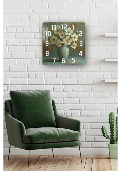 Beyaz Çiçekli Vazo Temalı Temperli Cam Kare Saat 33X33 cm Ebadında Uv Baskı - KCS045 fiyatları