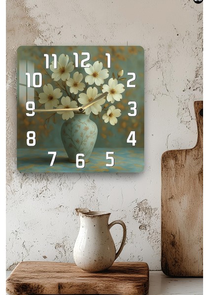 Beyaz Çiçekli Vazo Temalı Temperli Cam Kare Saat 33X33 cm Ebadında Uv Baskı - KCS045 modelleri