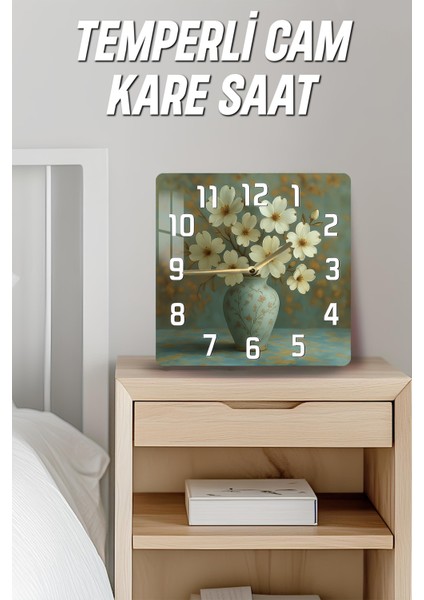 Beyaz Çiçekli Vazo Temalı Temperli Cam Kare Saat 33X33 cm Ebadında Uv Baskı - KCS045 fırsatları