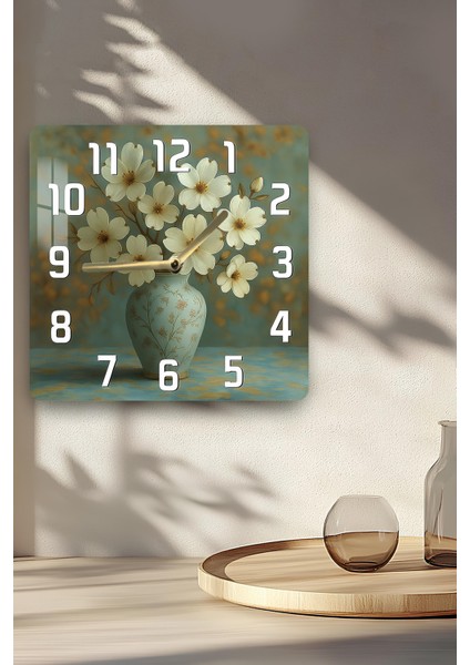 Beyaz Çiçekli Vazo Temalı Temperli Cam Kare Saat 33X33 cm Ebadında Uv Baskı - KCS045 indirimleri