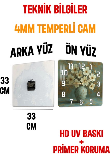 Beyaz Çiçekli Vazo Temalı Temperli Cam Kare Saat 33X33 cm Ebadında Uv Baskı - KCS045