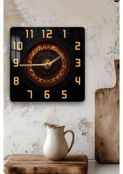 Altın Detaylı Barok Desen Temalı Temperli Cam Kare Saat 33X33 cm Ebadında Uv Baskı - KCS023