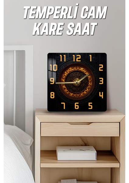 Altın Detaylı Barok Desen Temalı Temperli Cam Kare Saat 33X33 cm Ebadında Uv Baskı - KCS023 modelleri