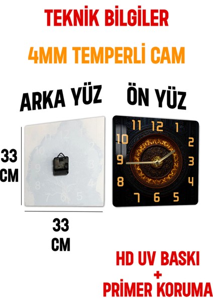 Altın Detaylı Barok Desen Temalı Temperli Cam Kare Saat 33X33 cm Ebadında Uv Baskı - KCS023