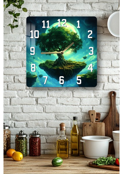 Yüzen Ağaç Temalı Temperli Cam Kare Saat 33X33 cm Ebadında Uv Baskı - KCS001