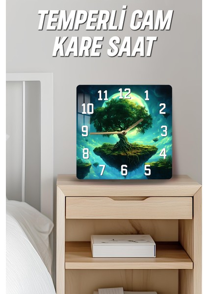 Yüzen Ağaç Temalı Temperli Cam Kare Saat 33X33 cm Ebadında Uv Baskı - KCS001 fırsatları