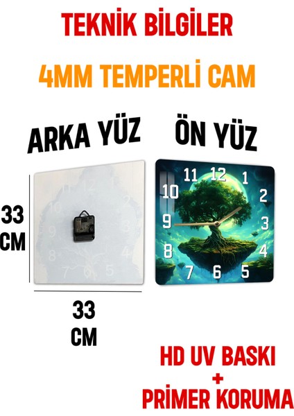 Yüzen Ağaç Temalı Temperli Cam Kare Saat 33X33 cm Ebadında Uv Baskı - KCS001