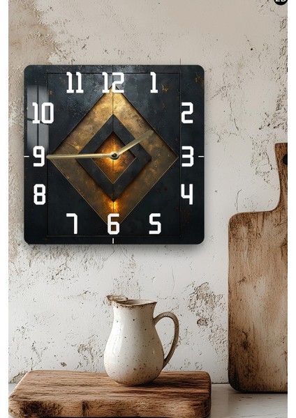 Geometrik Metal Görünümlü Temperli Cam Kare Saat 33X33 cm Ebadında Uv Baskı - KCS024 modelleri