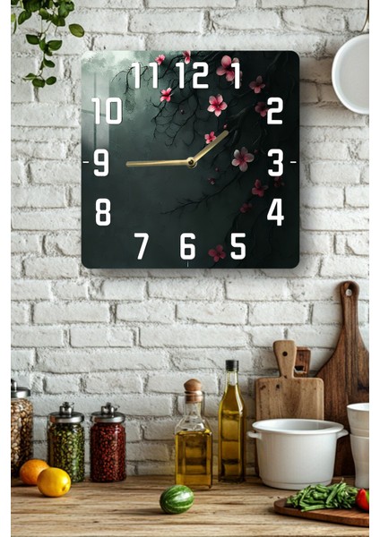 Sakura Çiçekli Koyu Zeminli Temperli Cam Kare Saat 33X33 cm Ebadında Uv Baskı - KCS060