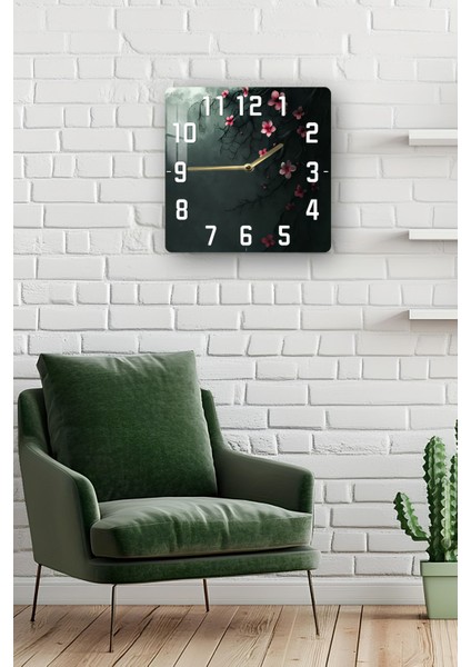 Sakura Çiçekli Koyu Zeminli Temperli Cam Kare Saat 33X33 cm Ebadında Uv Baskı - KCS060 fiyatları