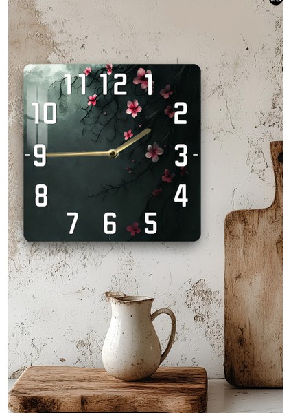Sakura Çiçekli Koyu Zeminli Temperli Cam Kare Saat 33X33 cm Ebadında Uv Baskı - KCS060 modelleri
