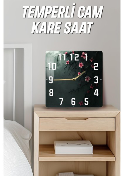 Sakura Çiçekli Koyu Zeminli Temperli Cam Kare Saat 33X33 cm Ebadında Uv Baskı - KCS060 fırsatları