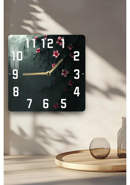 Sakura Çiçekli Koyu Zeminli Temperli Cam Kare Saat 33X33 cm Ebadında Uv Baskı - KCS060 indirimleri